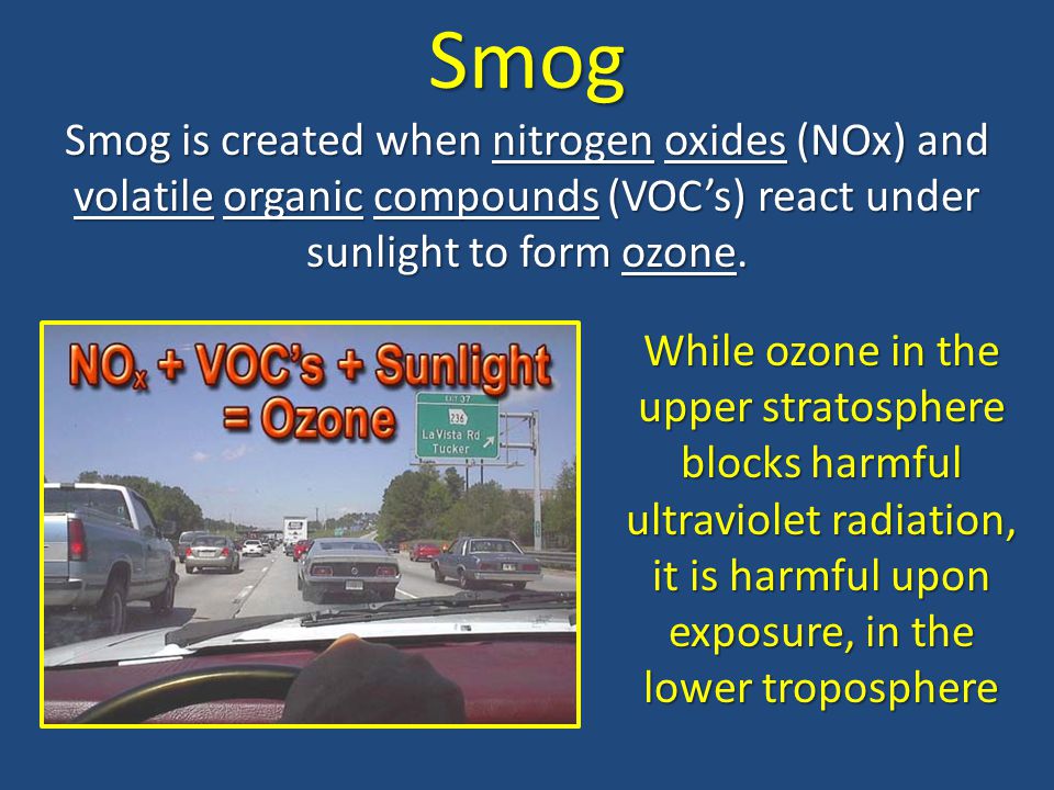 Smog Smog is created when nitrogen oxides (NOx) and volatile organic compounds (VOC’s) react under sunlight to form ozone.