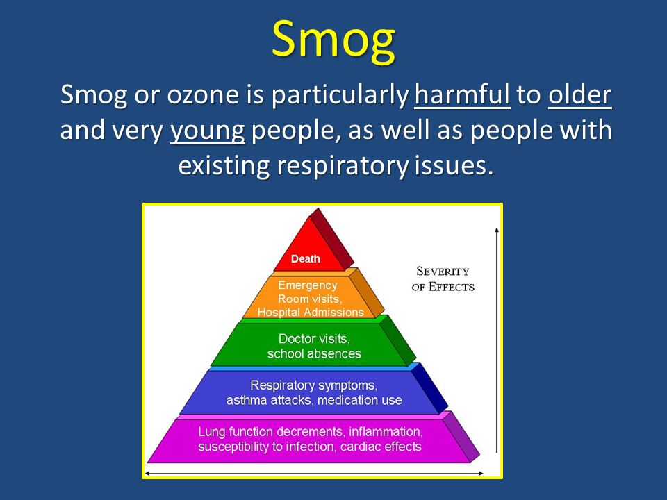 Smog Smog or ozone is particularly harmful to older and very young people, as well as people with existing respiratory issues.
