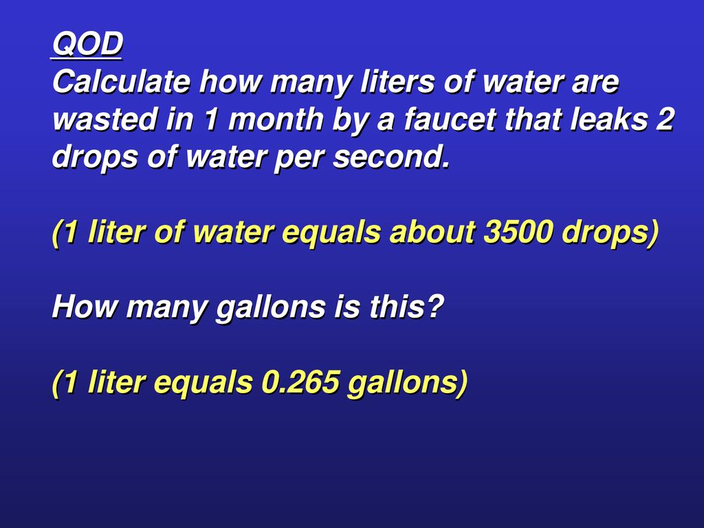 Qod calculate how many liters of water are wasted in 1 month by a