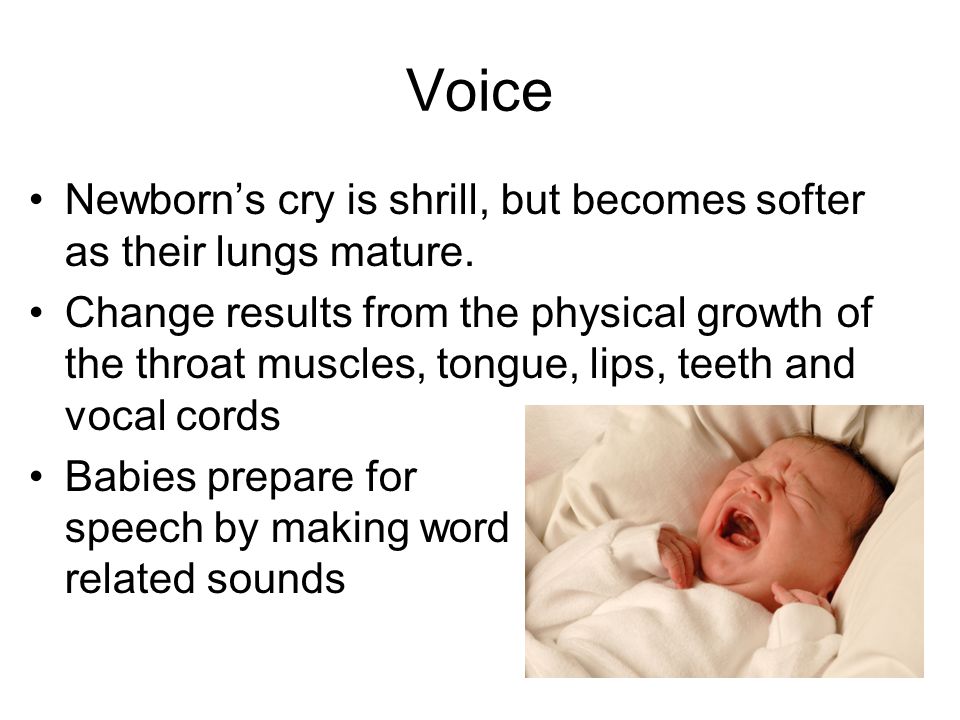 Voice Newborn’s cry is shrill, but becomes softer as their lungs mature.