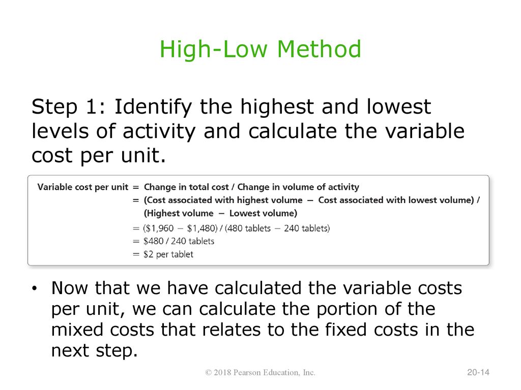High-Low Method Step 1: Identify the highest and lowest levels of activity and calculate the variable cost per unit.