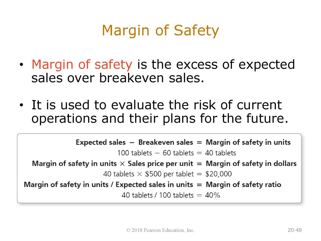 Margin of Safety Margin of safety is the excess of expected sales over breakeven sales.
