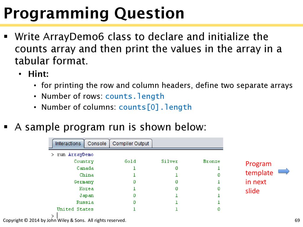 Programming Question Write ArrayDemo6 class to declare and initialize the counts array and then print the values in the array in a tabular format.