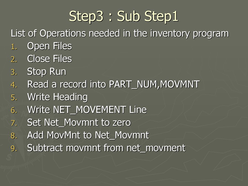 Step3 : Sub Step1 List of Operations needed in the inventory program