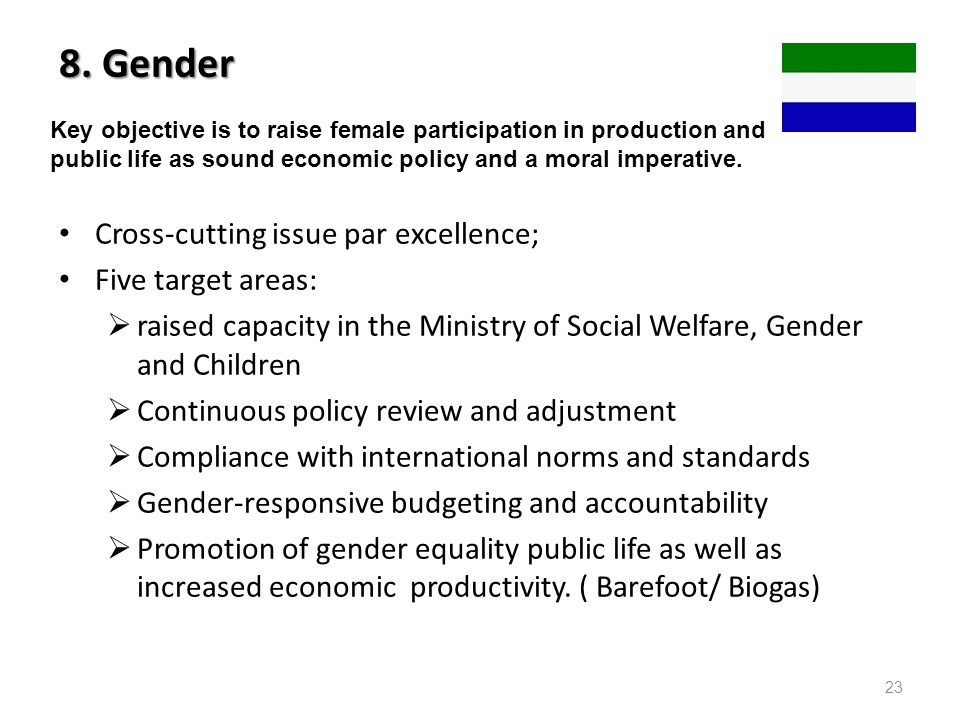 8. Gender Cross-cutting issue par excellence; Five target areas: