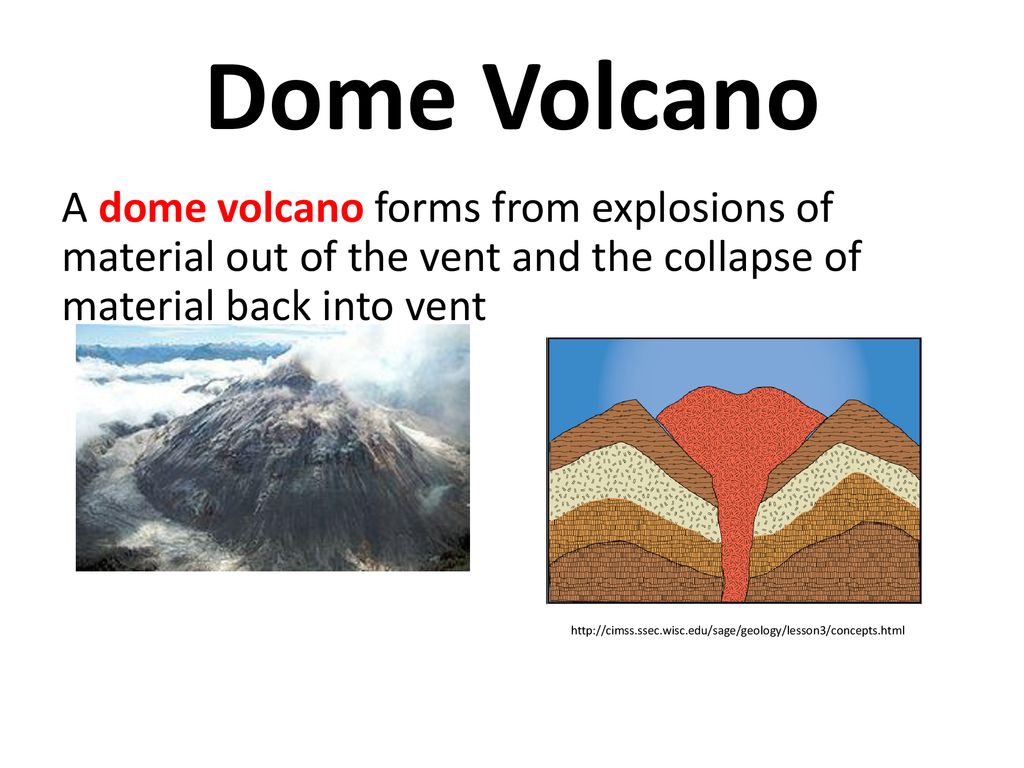 Dome Volcano A dome volcano forms from explosions of material out of the vent and the collapse of material back into vent.