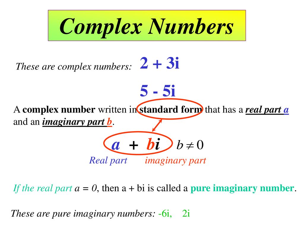Complex Numbers 2 + 3i 5 - 5i a + bi These are complex numbers: