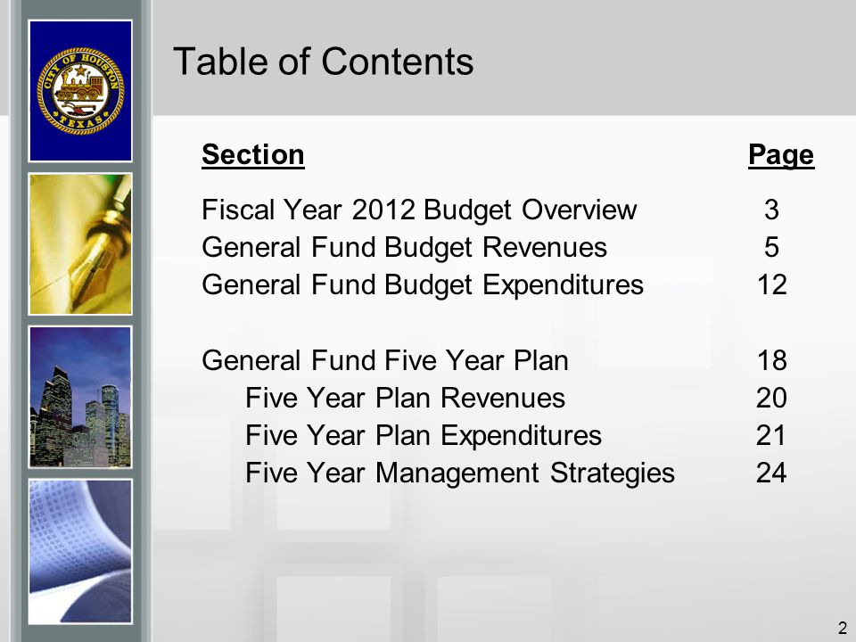 Table of Contents Section Page Fiscal Year 2012 Budget Overview 3