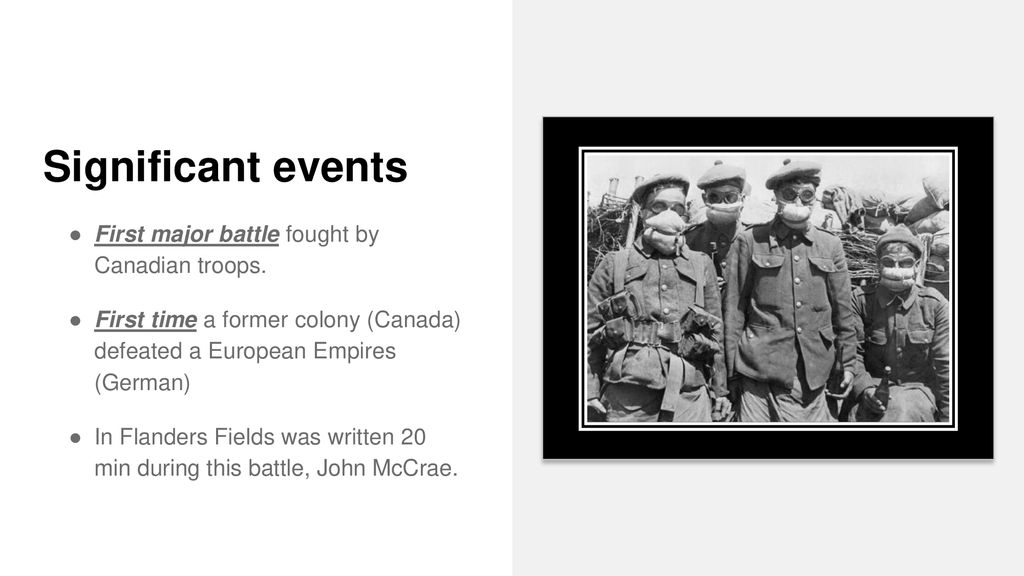 Significant events First major battle fought by Canadian troops.