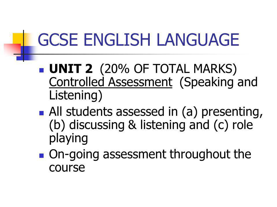 GCSE ENGLISH LANGUAGE UNIT 2 (20% OF TOTAL MARKS) Controlled Assessment (Speaking and Listening)