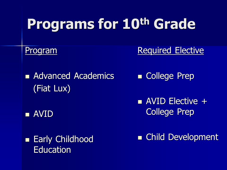 Programs for 10th Grade Program Advanced Academics (Fiat Lux) AVID