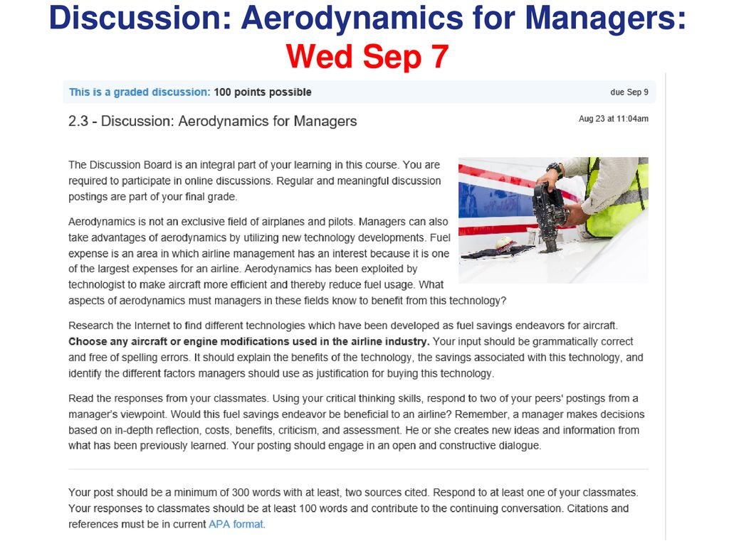 Discussion: Aerodynamics for Managers: Wed Sep 7