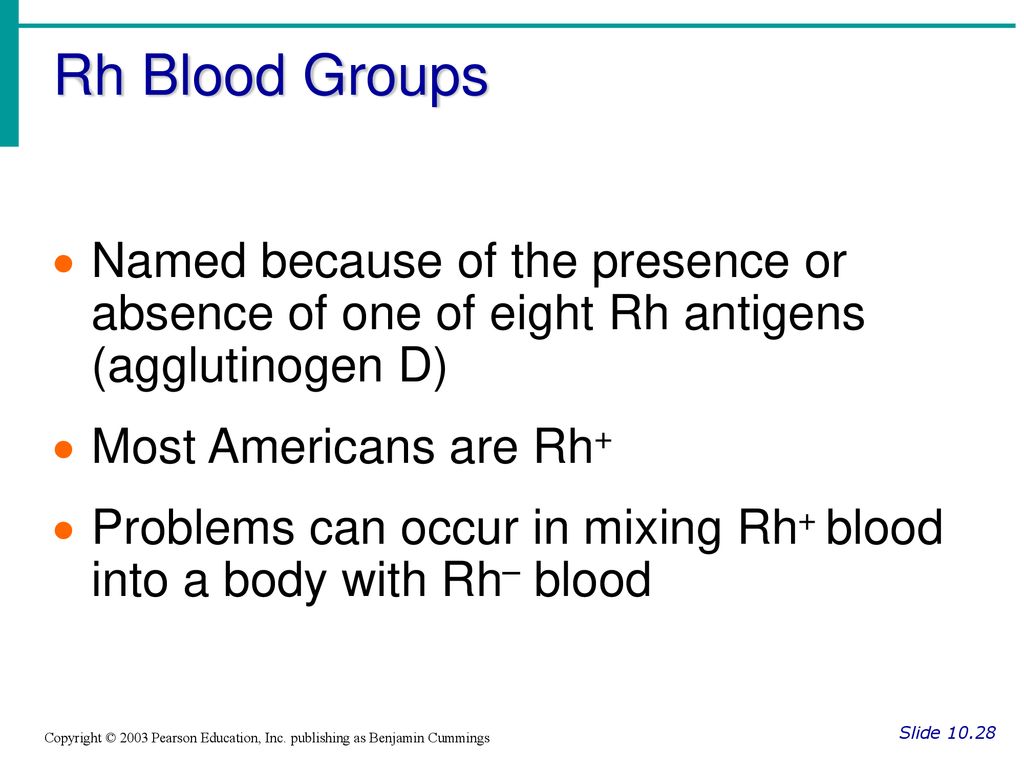 Rh Blood Groups Named because of the presence or absence of one of eight Rh antigens (agglutinogen D)