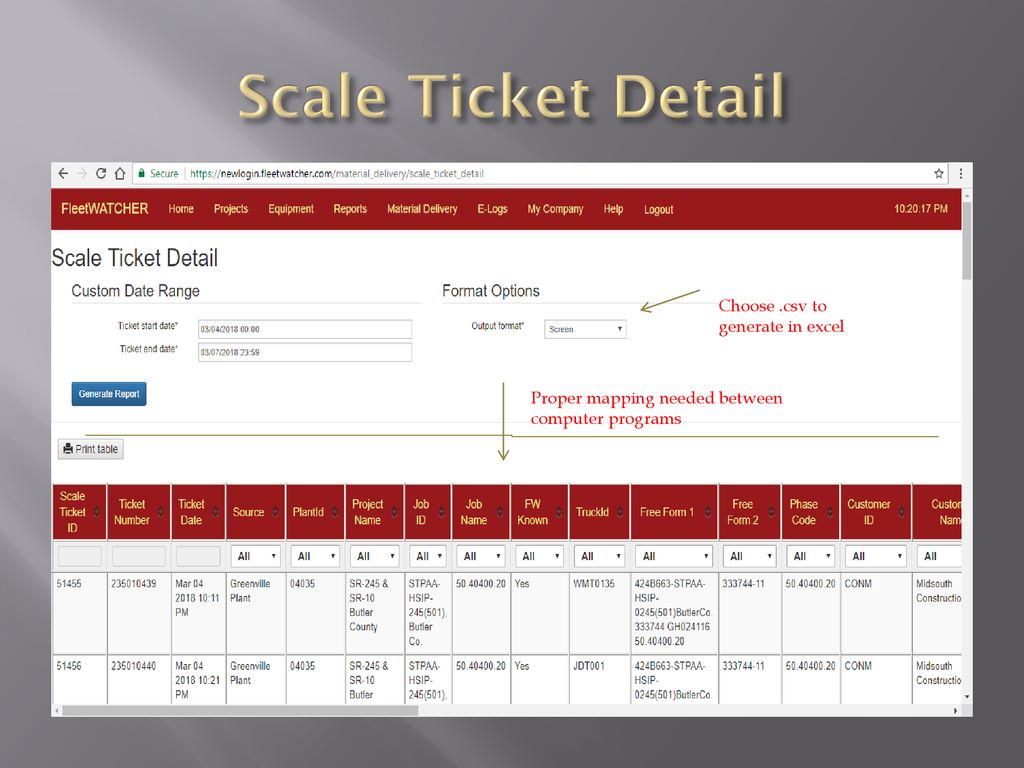 Scale Ticket Detail Choose .csv to generate in excel