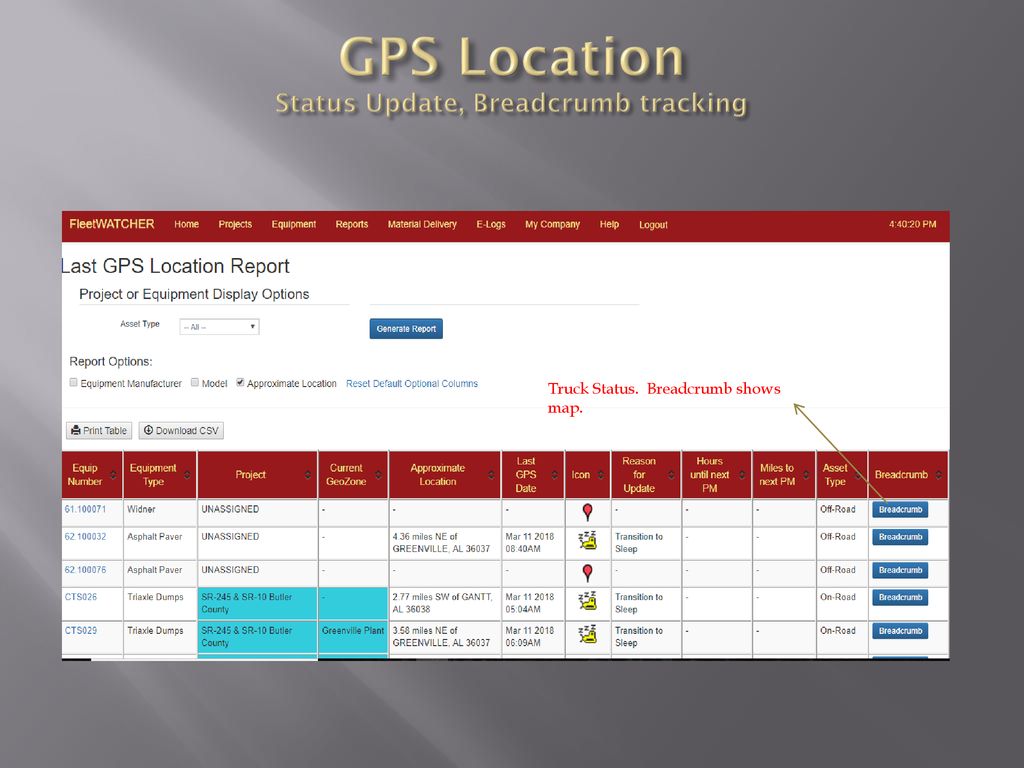 GPS Location Status Update, Breadcrumb tracking