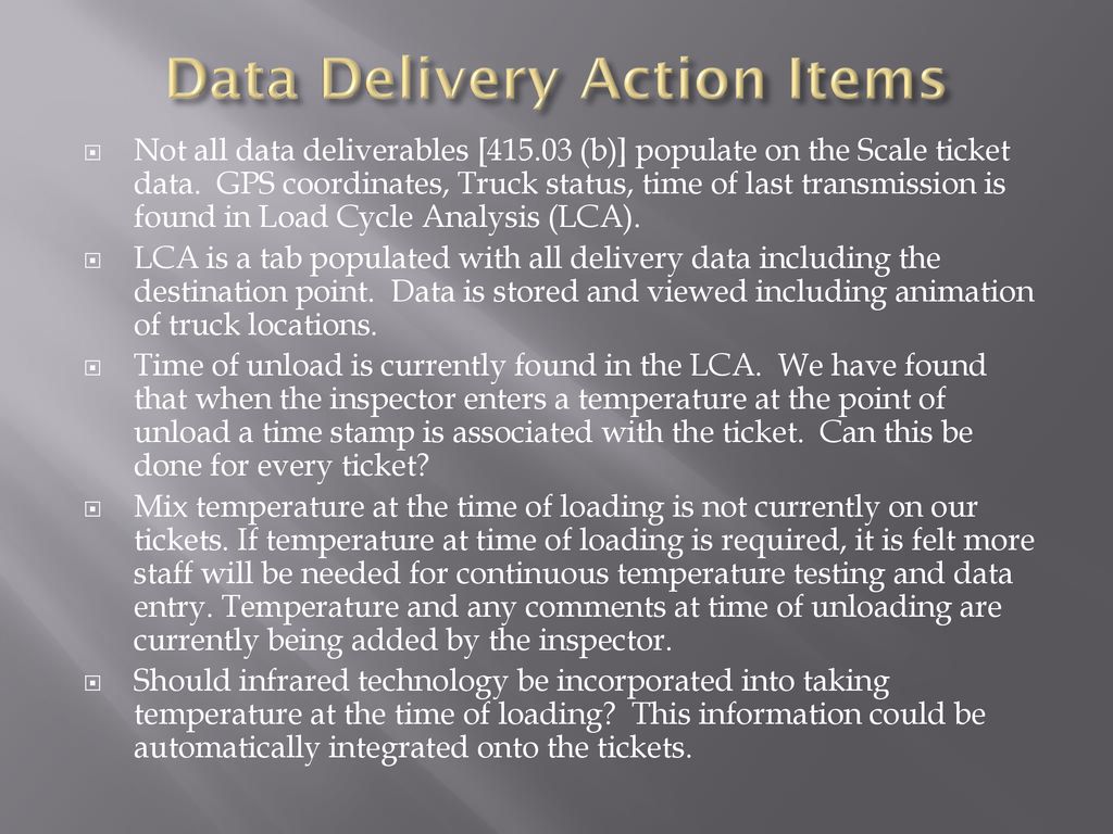 Data Delivery Action Items