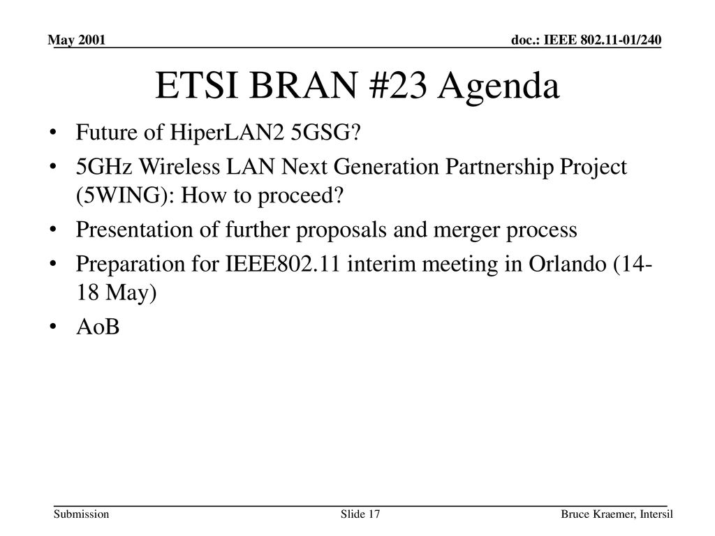 ETSI BRAN #23 Agenda Future of HiperLAN2 5GSG