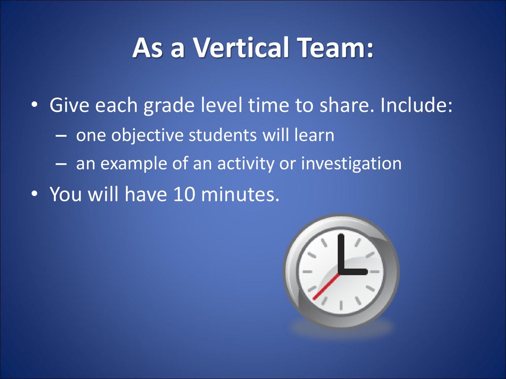 As a Vertical Team: Give each grade level time to share. Include: