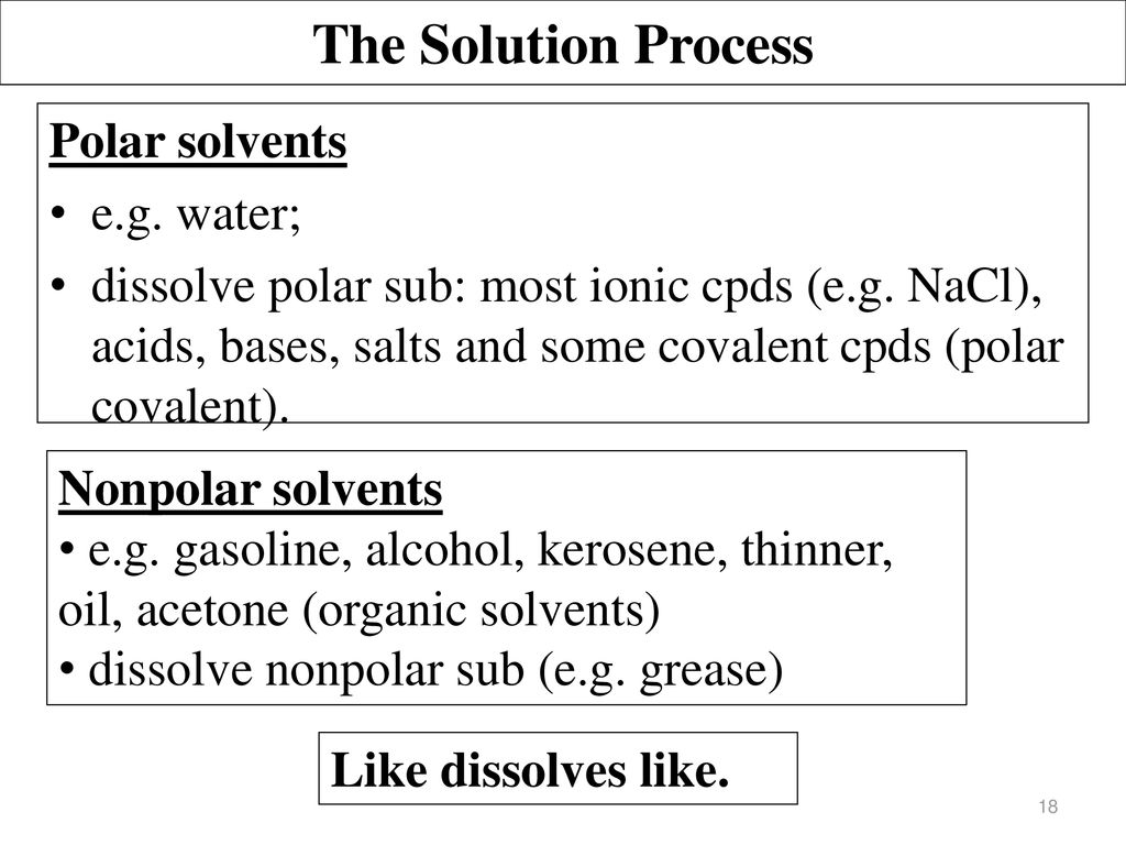 The Solution Process Polar solvents e.g. water;