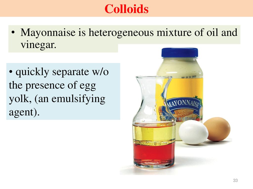 Colloids Mayonnaise is heterogeneous mixture of oil and vinegar.