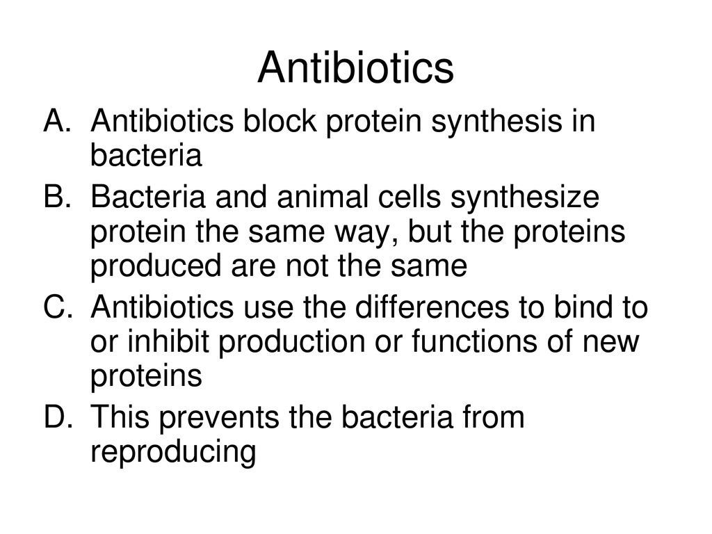 Antibiotics Antibiotics block protein synthesis in bacteria