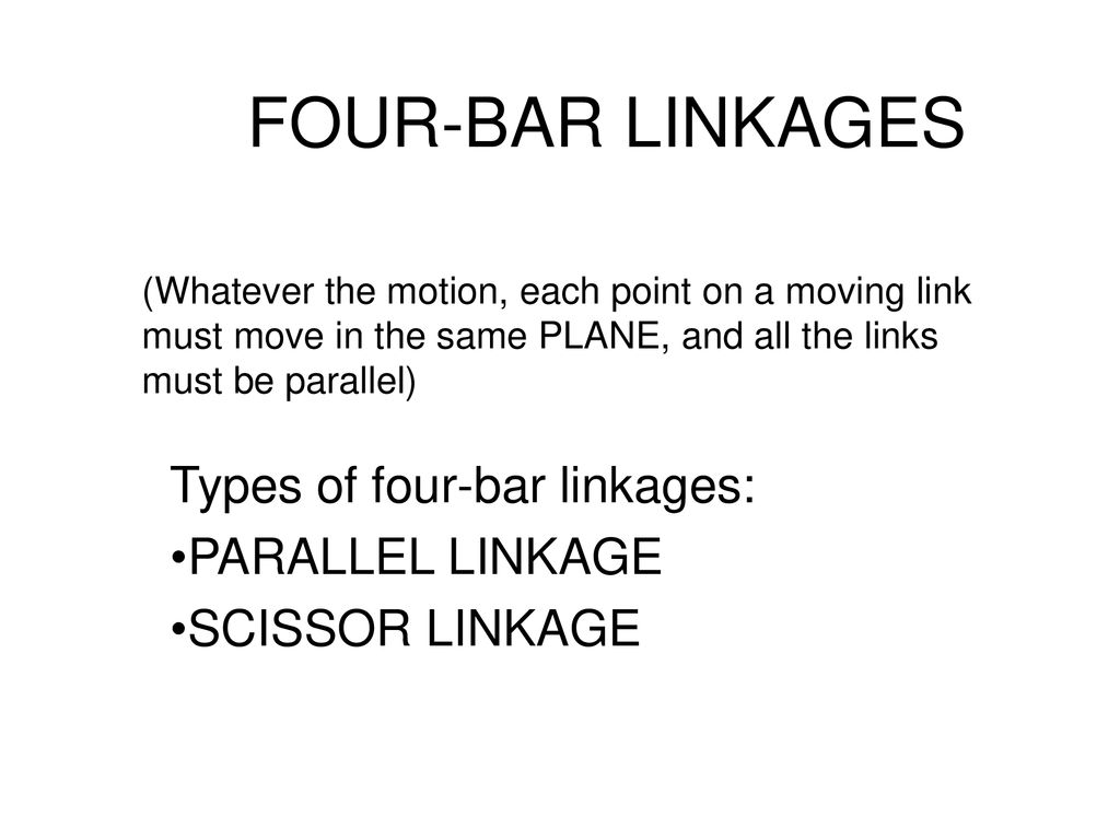 Types of four-bar linkages: PARALLEL LINKAGE SCISSOR LINKAGE