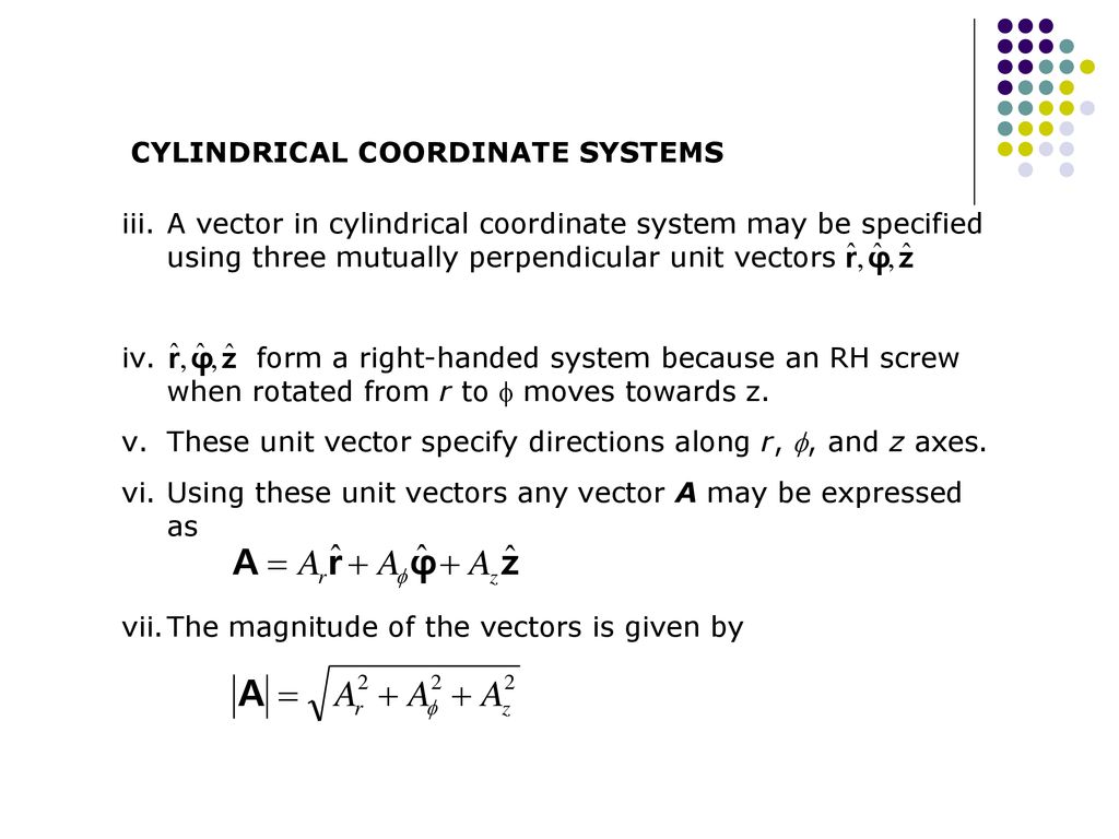 A vector in cylindrical coordinate system may be specified using three mutually perpendicular unit vectors