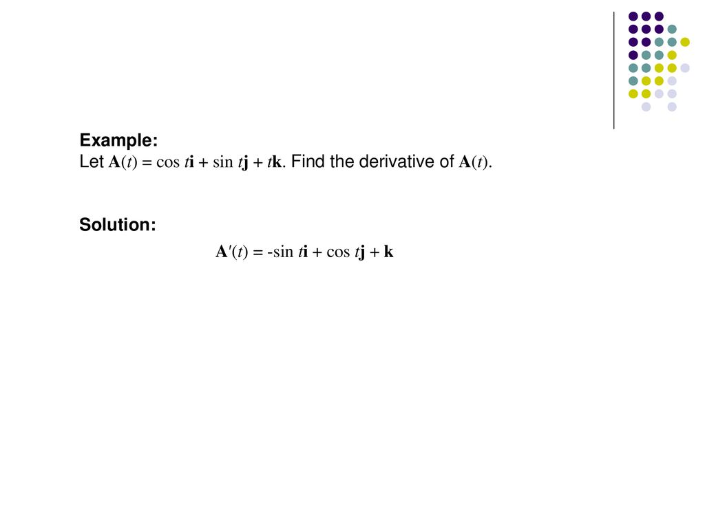 Example: Let A(t) = cos ti + sin tj + tk. Find the derivative of A(t).