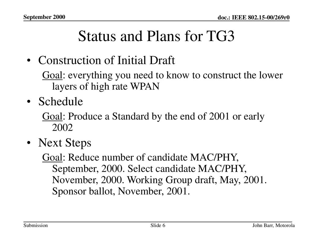 Status and Plans for TG3 Construction of Initial Draft Schedule