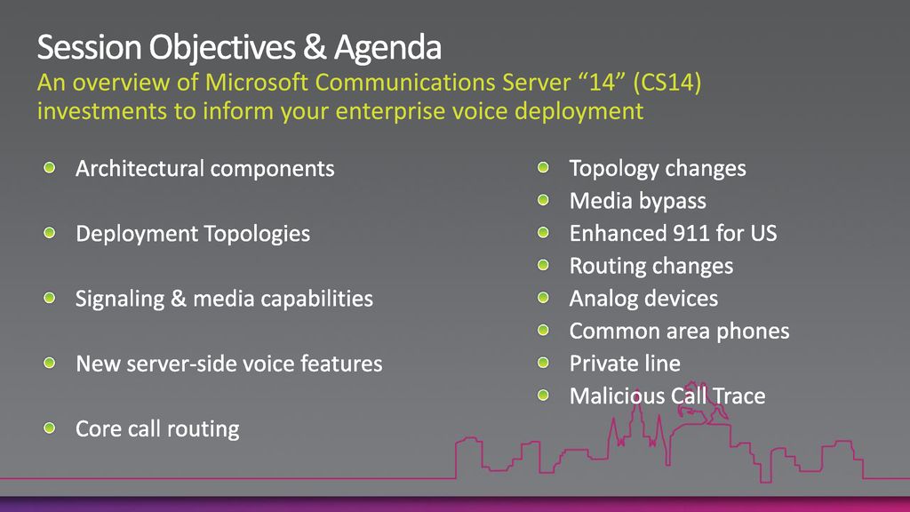 Session Objectives & Agenda An overview of Microsoft Communications Server 14 (CS14) investments to inform your enterprise voice deployment