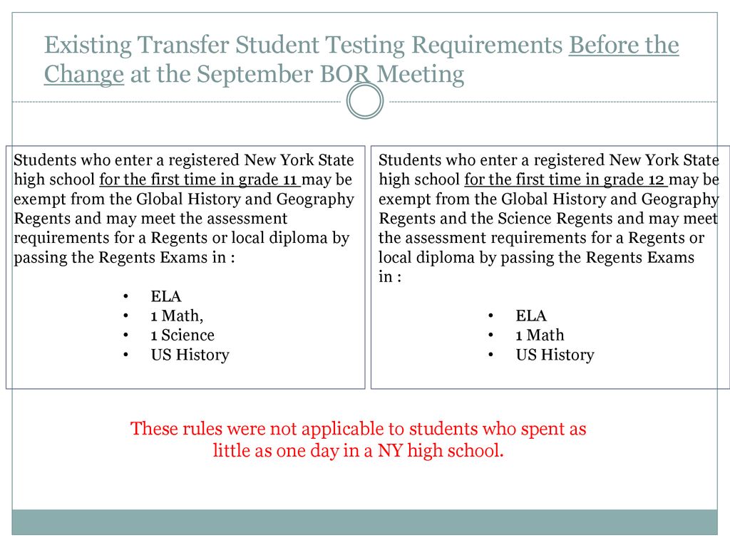 Existing Transfer Student Testing Requirements Before the Change at the September BOR Meeting