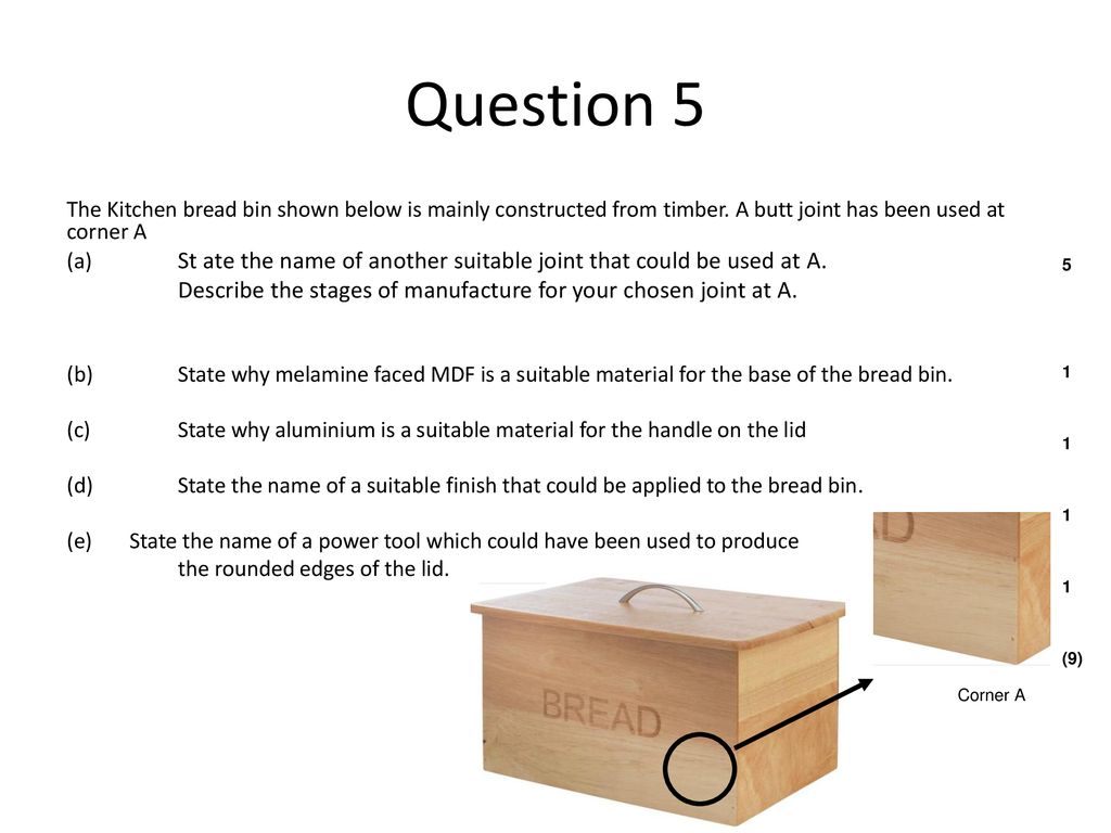 Question 5 The Kitchen bread bin shown below is mainly constructed from timber. A butt joint has been used at corner A.