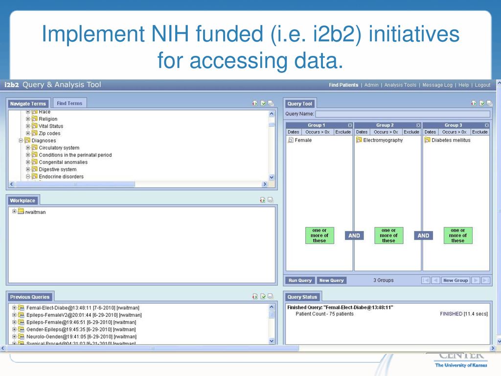 Implement NIH funded (i.e. i2b2) initiatives for accessing data.