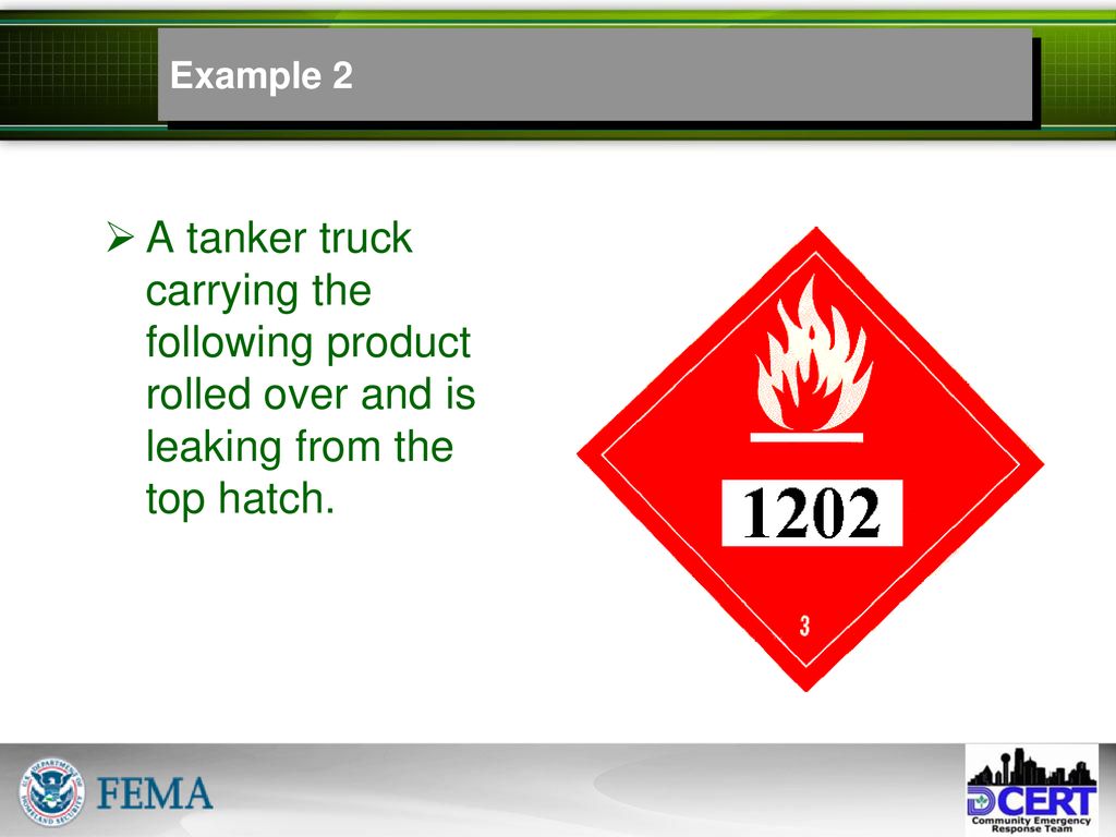 Example 2 A tanker truck carrying the following product rolled over and is leaking from the top hatch.
