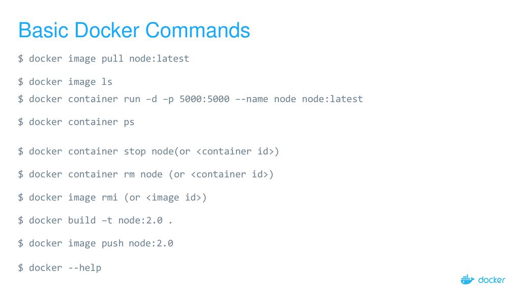 Basic Docker Commands $ docker image pull node:latest