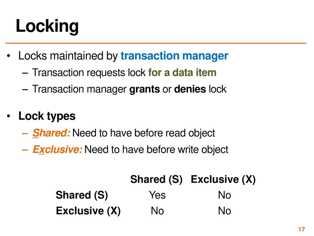 Locking Locks maintained by transaction manager Lock types