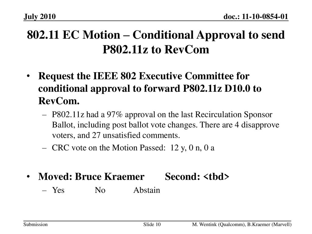 EC Motion – Conditional Approval to send P802.11z to RevCom