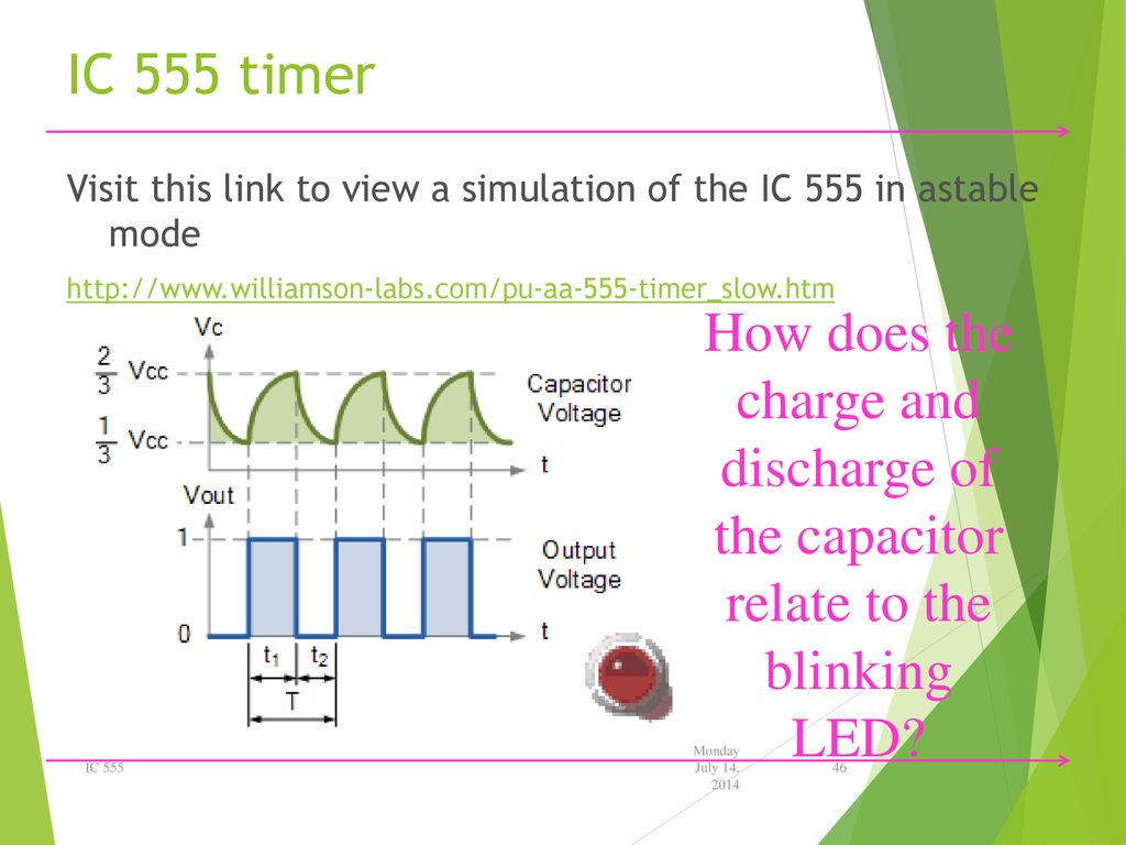 IC 555 timer Visit this link to view a simulation of the IC 555 in astable mode.