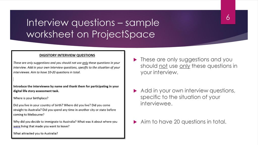 Interview questions – sample worksheet on ProjectSpace