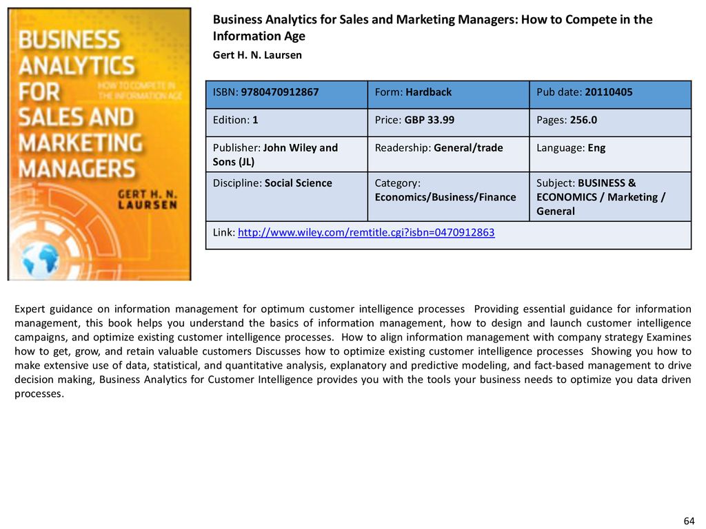 Business Analytics for Sales and Marketing Managers: How to Compete in the Information Age