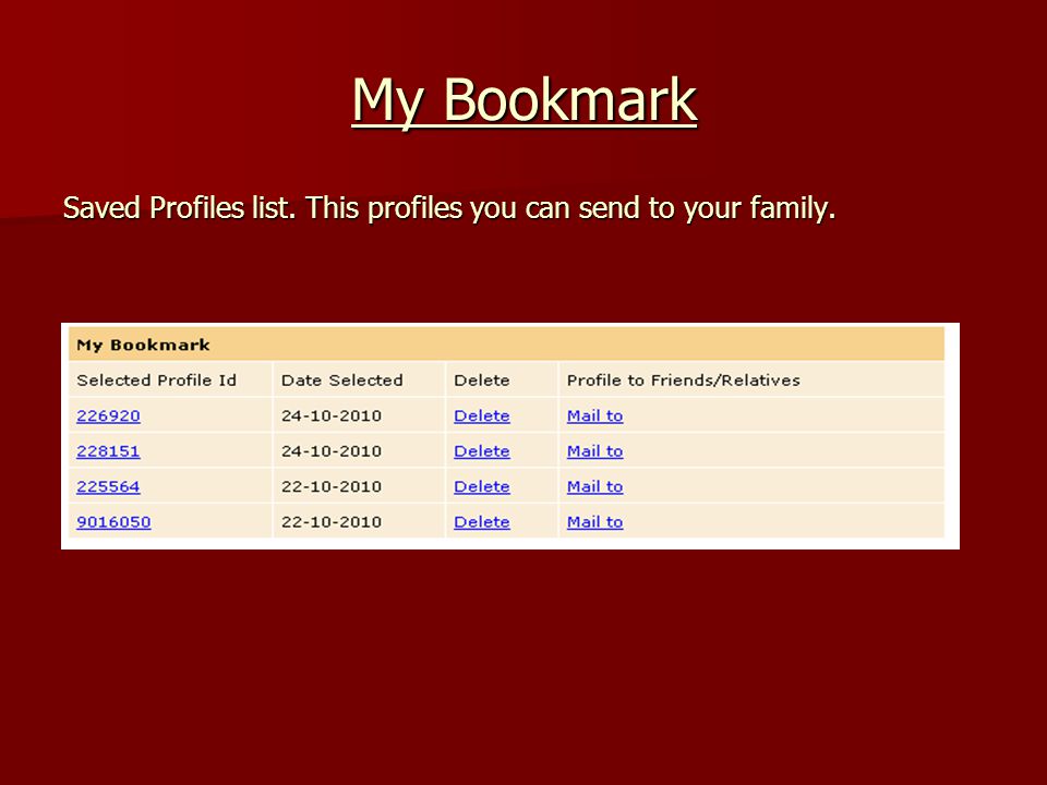 My Bookmark Saved Profiles list. This profiles you can send to your family.