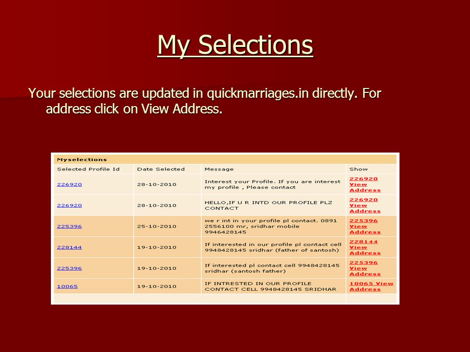 My Selections Your selections are updated in quickmarriages.in directly.