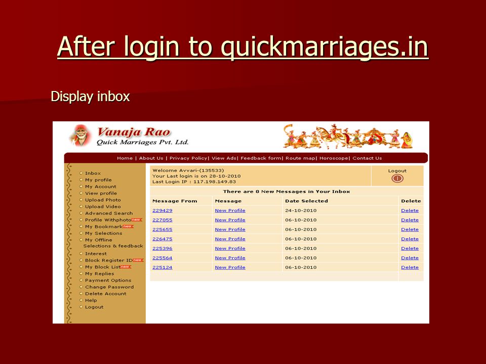 After login to quickmarriages.in