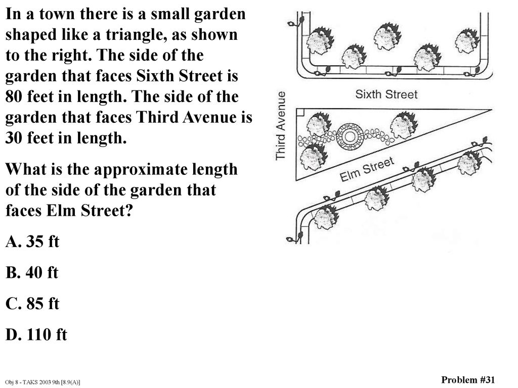In a town there is a small garden shaped like a triangle, as shown to the right. The side of the garden that faces Sixth Street is 80 feet in length. The side of the garden that faces Third Avenue is 30 feet in length.