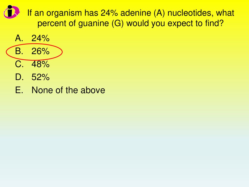 If an organism has 24% adenine (A) nucleotides, what percent of guanine (G) would you expect to find