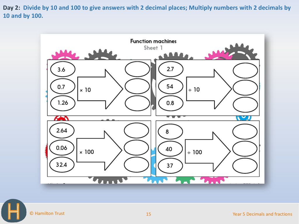 Day 2: Divide by 10 and 100 to give answers with 2 decimal places; Multiply numbers with 2 decimals by 10 and by 100.