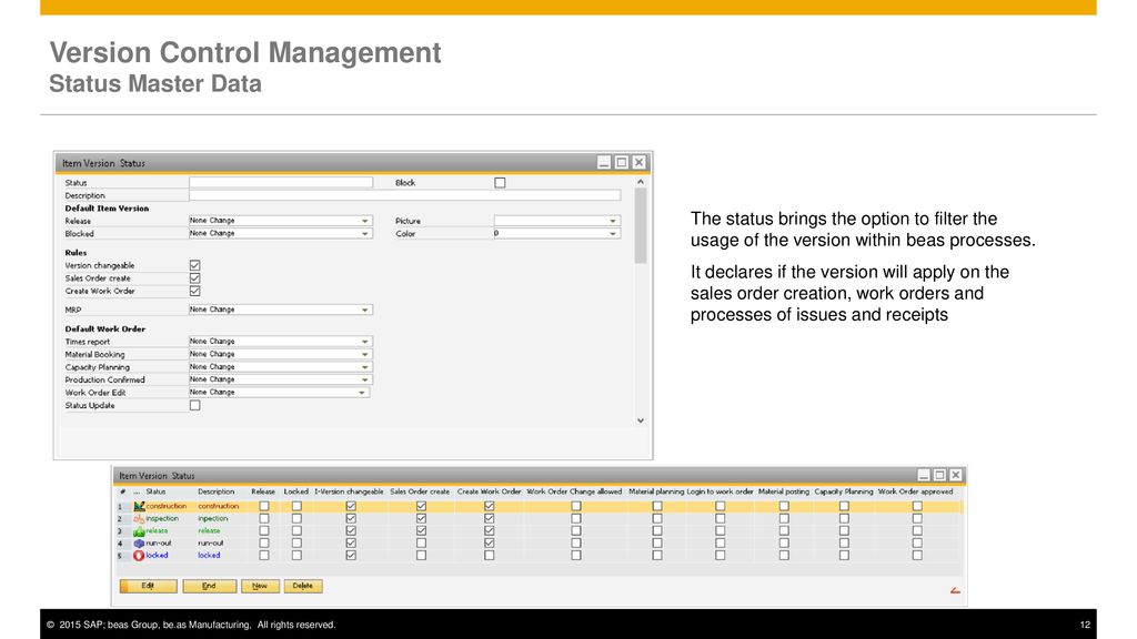 Version Control Management Status Master Data