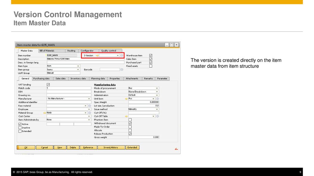 Version Control Management Item Master Data