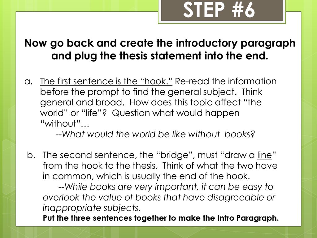 STEP #6 Now go back and create the introductory paragraph and plug the thesis statement into the end.