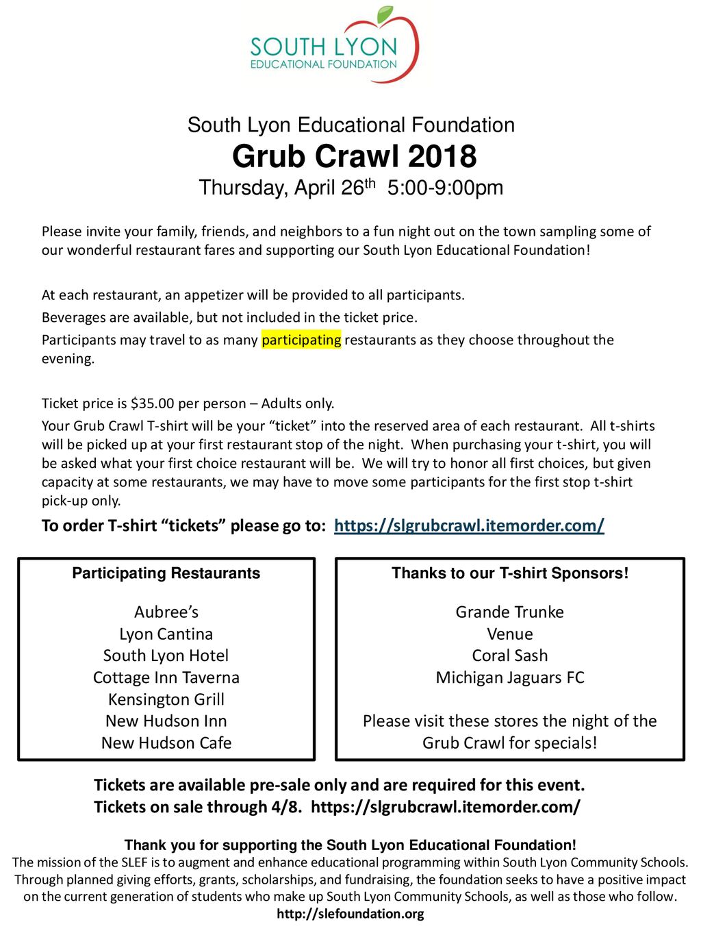 South Lyon Educational Foundation Grub Crawl 2018 Thursday, April 26th